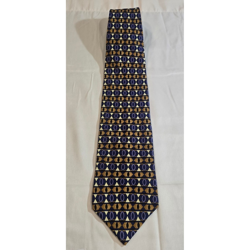 Mulberry Silk Geometric Pattern Neck Tie Blue Gold Men's‎ Formal Accessory